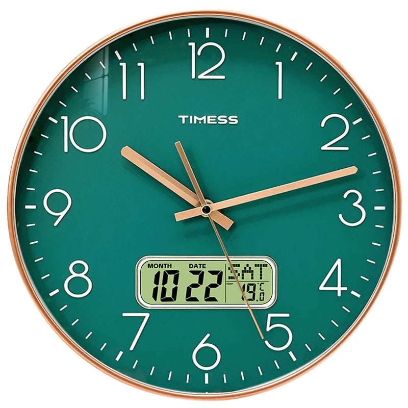 TIMESS 10/12/14 inch Silent Wall Clock with Date and Temperature Display, Battery Operated Modern Analog Clock for Kitchen, Office, Classroom and Home Decor