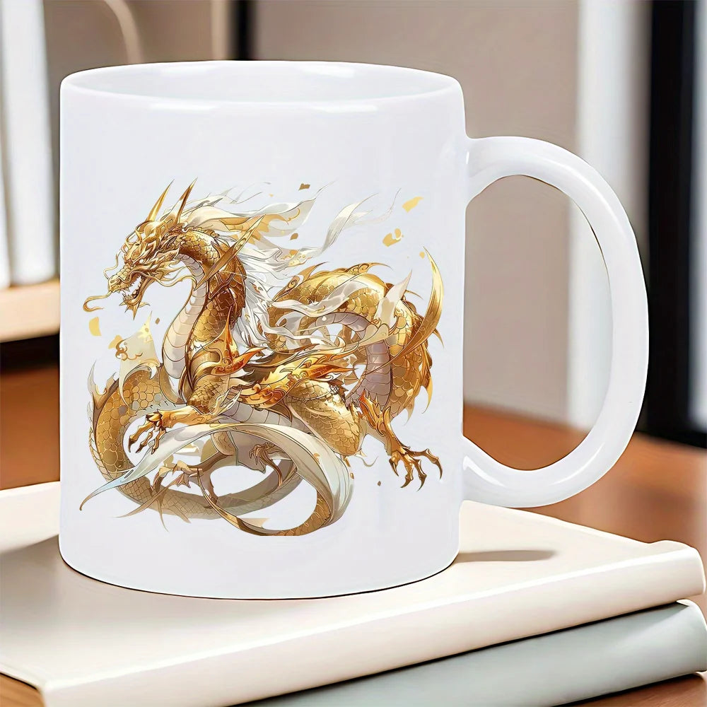 Dragon Coffee Mug - Elegant White Exterior with Golden Dragon Design, Insulated Ceramic Cup for Hot & Cold Beverages, Birthday/C