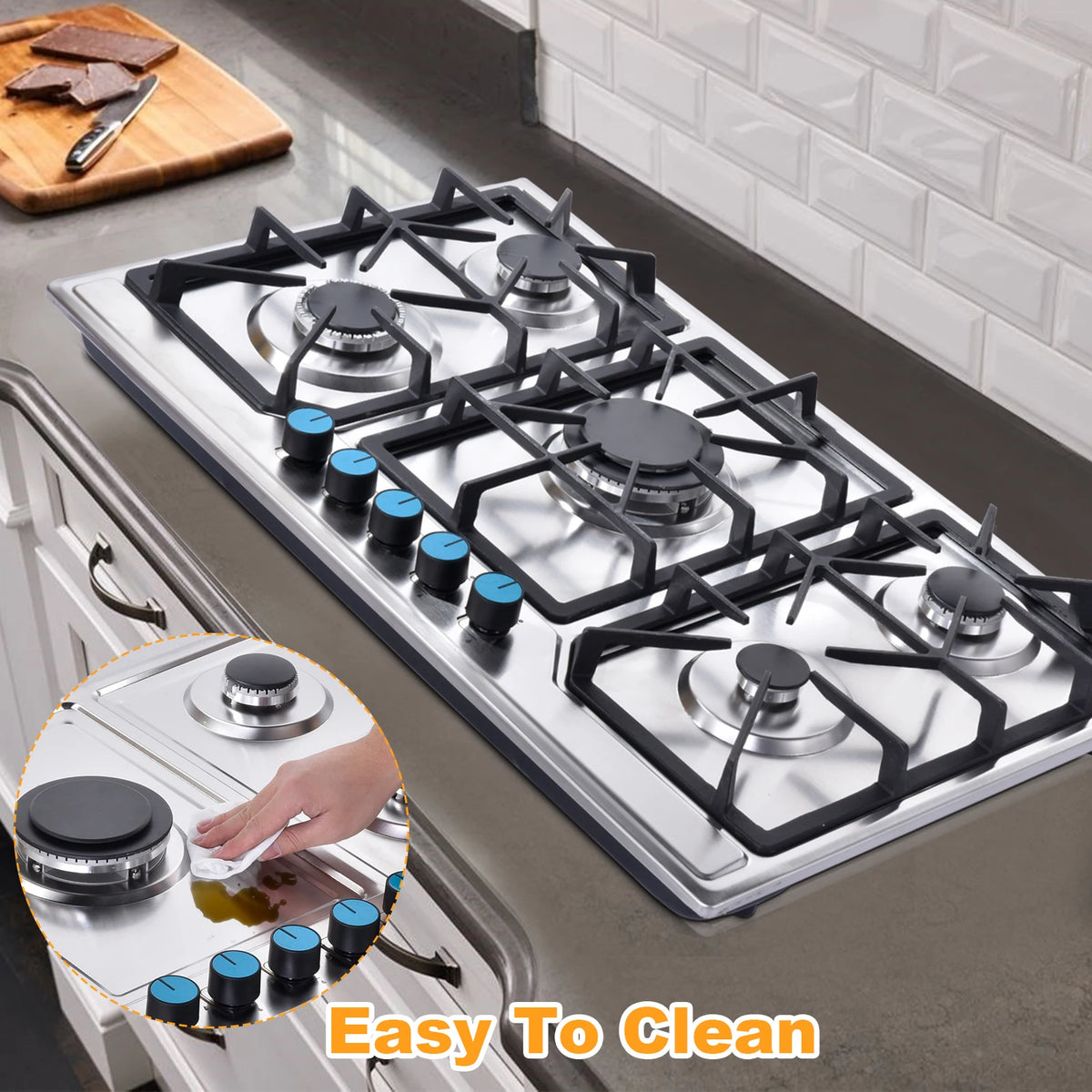 5 Burner Propane Gas Cooktop Indoor, Powerful Built-in Gas Stove Top with Auto Ignition, NG/LPG Convertible Dual Fuel, Portable Tabletop Counter Stove for Kitchen Cooking RV Outdoor and Emergency