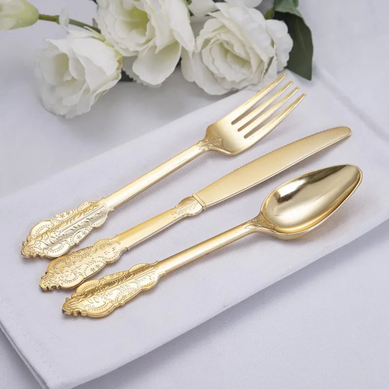 75 Pieces Gold Plastic Silverware- Party Flatware Set-Heavyweight Plastic Cutlery- Includes 25 Forks, 25 Spoons, 25 Knives