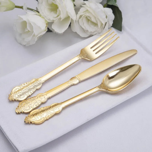 75 Pieces Gold Plastic Silverware- Party Flatware Set-Heavyweight Plastic Cutlery- Includes 25 Forks, 25 Spoons, 25 Knives