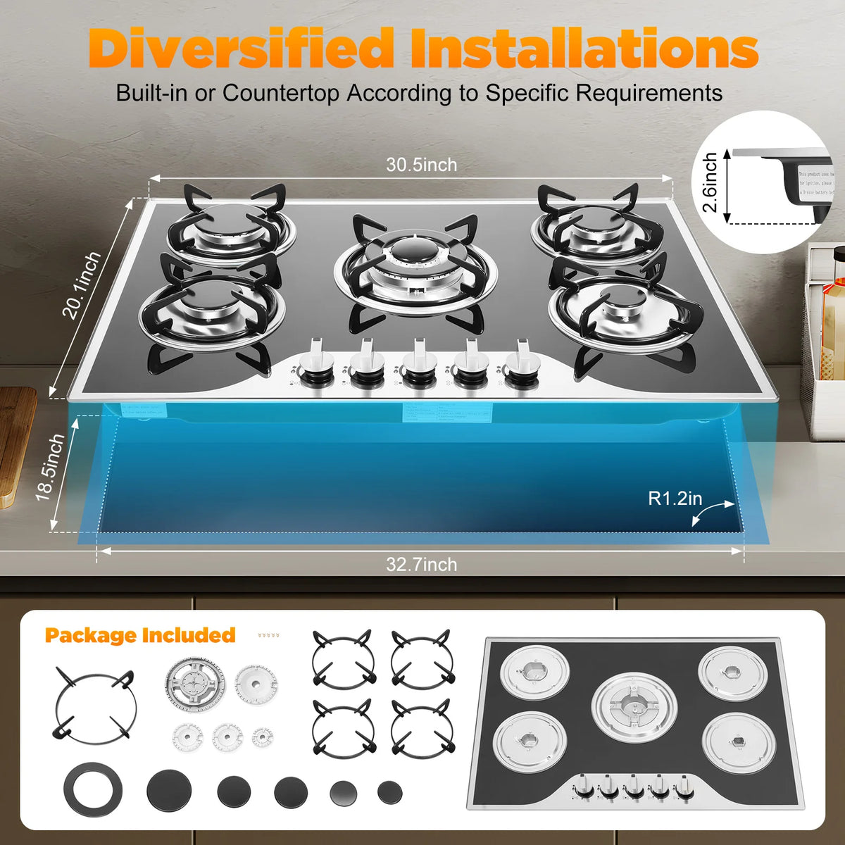 30.3" LPG/NG Gas COOKTOP Built-in 5Burner Stove Hob Cooktop Tempered Durable Quality Glass