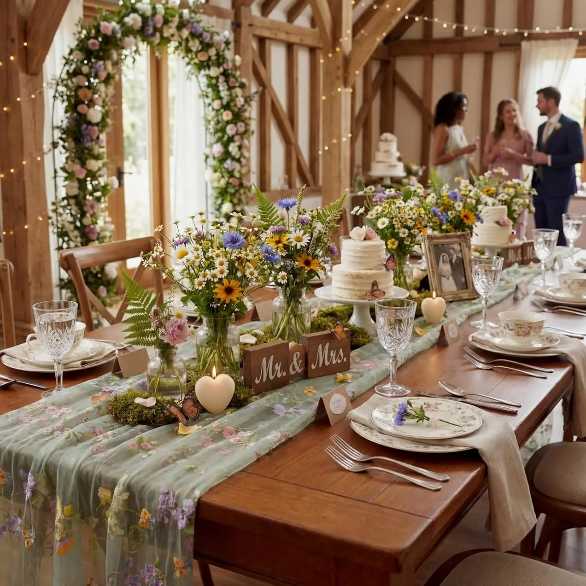 Embroidery Wildflower Tulle Spring Table Runner 10ft Summer Butterfly Kitchen Decoration for Wedding Baby Shower Birthday Party