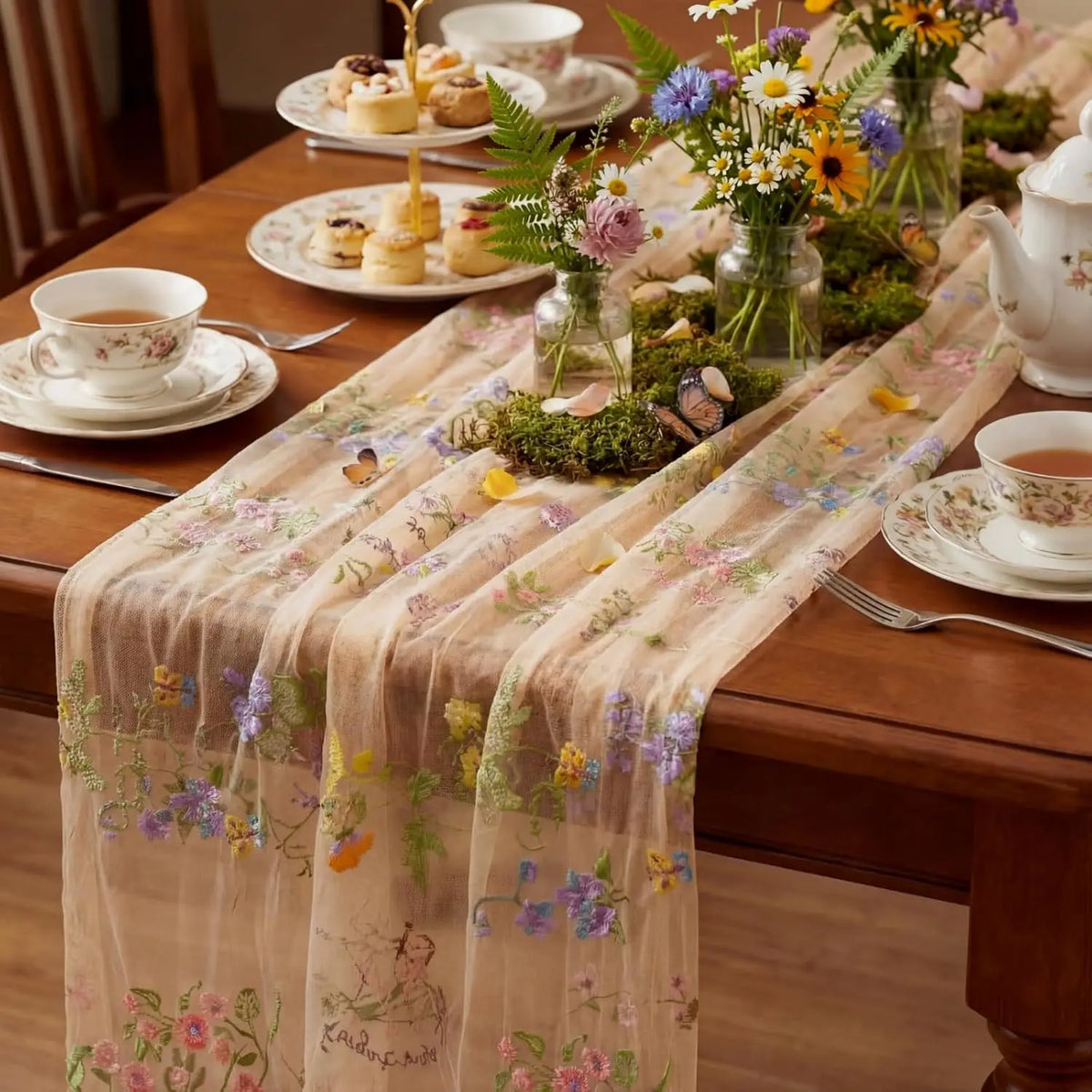 Embroidery Wildflower Tulle Spring Table Runner 10ft Summer Butterfly Kitchen Decoration for Wedding Baby Shower Birthday Party