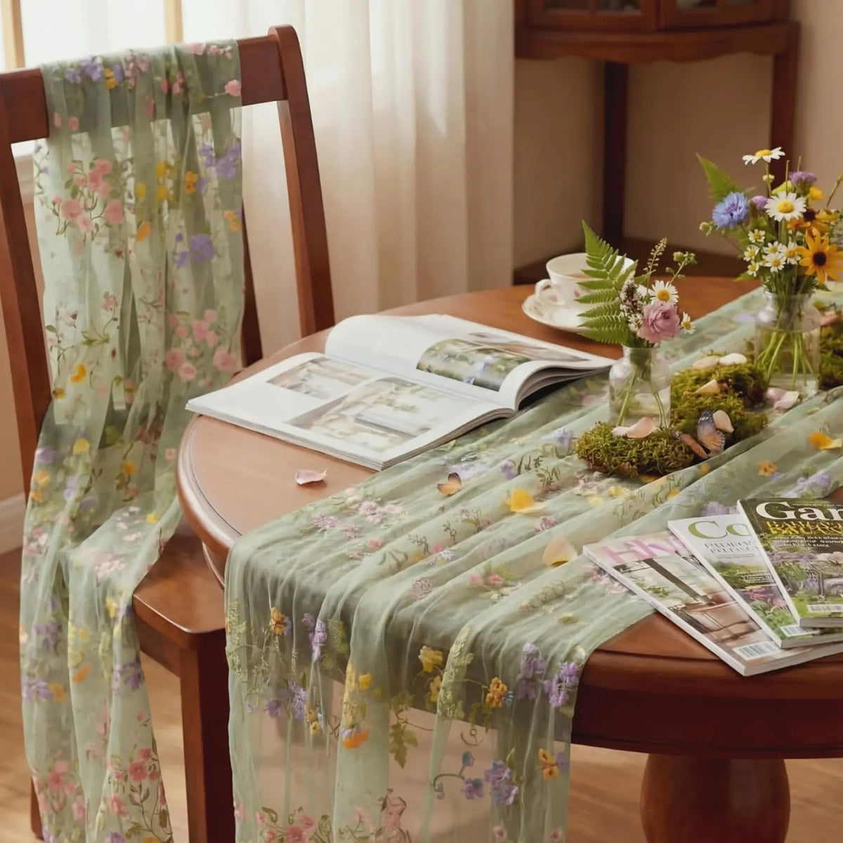 Embroidery Wildflower Tulle Spring Table Runner 10ft Summer Butterfly Kitchen Decoration for Wedding Baby Shower Birthday Party