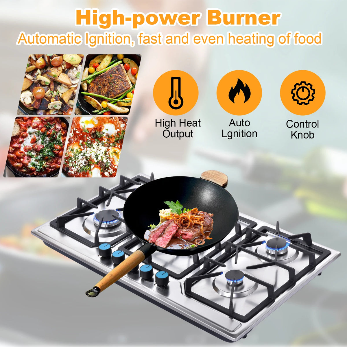 5 Burner Propane Gas Cooktop Indoor, Powerful Built-in Gas Stove Top with Auto Ignition, NG/LPG Convertible Dual Fuel, Portable Tabletop Counter Stove for Kitchen Cooking RV Outdoor and Emergency