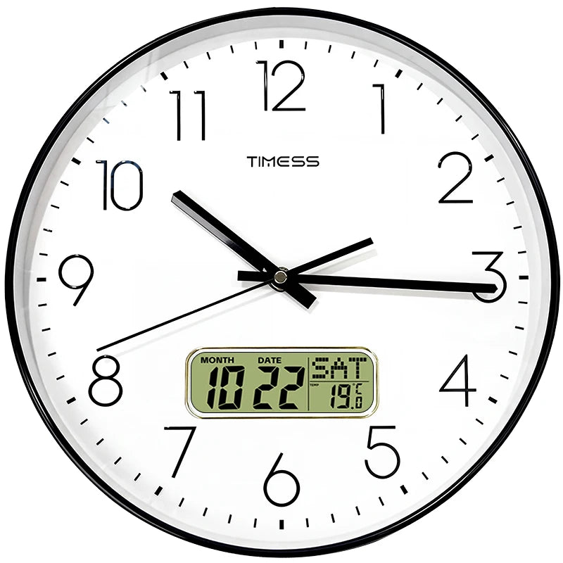 TIMESS 10/12/14 inch Silent Wall Clock with Date and Temperature Display, Battery Operated Modern Analog Clock for Kitchen, Office, Classroom and Home Decor