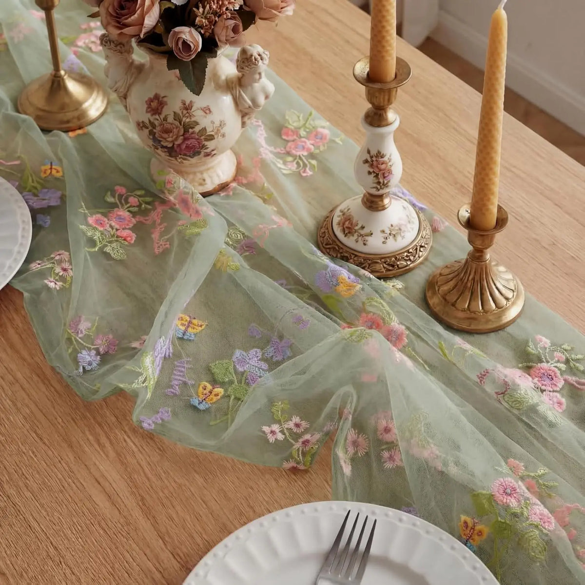 Embroidery Wildflower Tulle Spring Table Runner 10ft Summer Butterfly Kitchen Decoration for Wedding Baby Shower Birthday Party