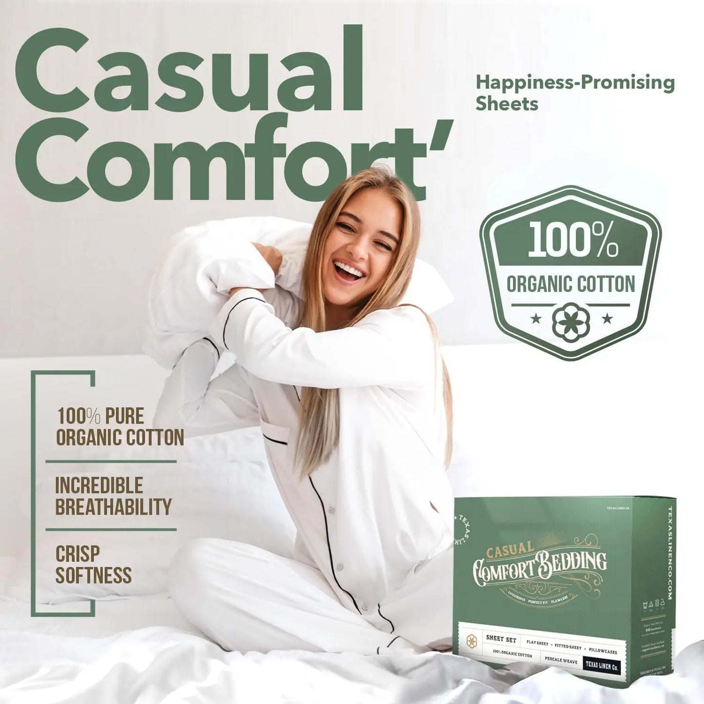 Queen Size Organic Cotton Sheets - 4 PC Percale Weave Set, Soft & Breathable, 16" Deep Pocket Hotel Quality Bedding