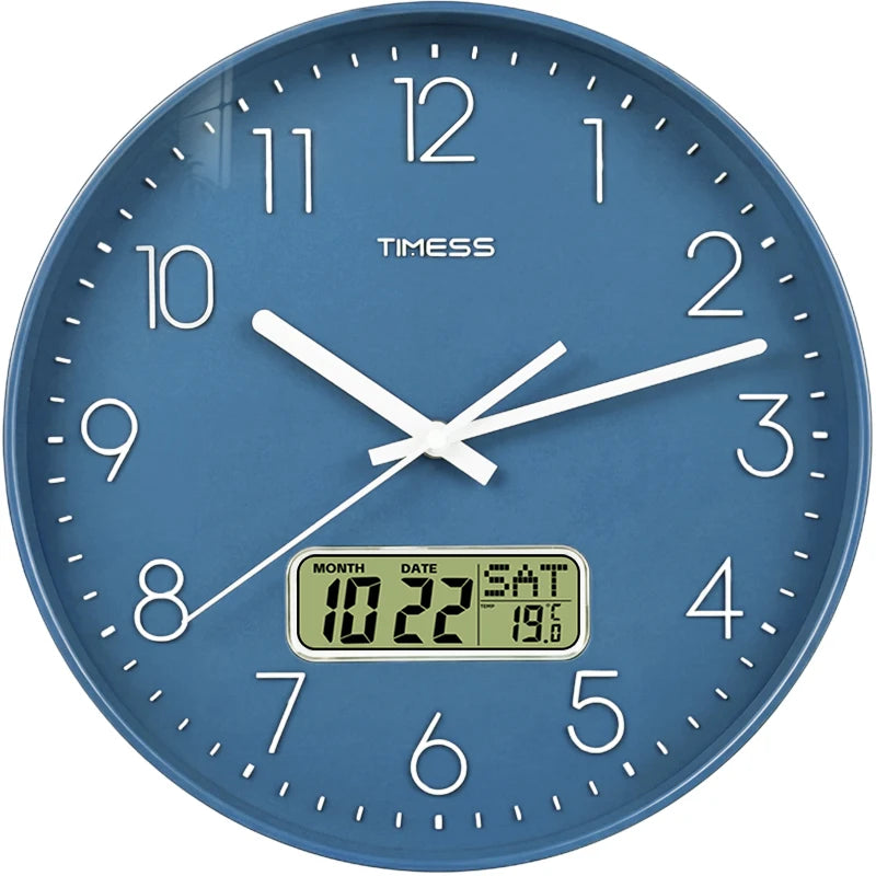 TIMESS 10/12/14 inch Silent Wall Clock with Date and Temperature Display, Battery Operated Modern Analog Clock for Kitchen, Office, Classroom and Home Decor