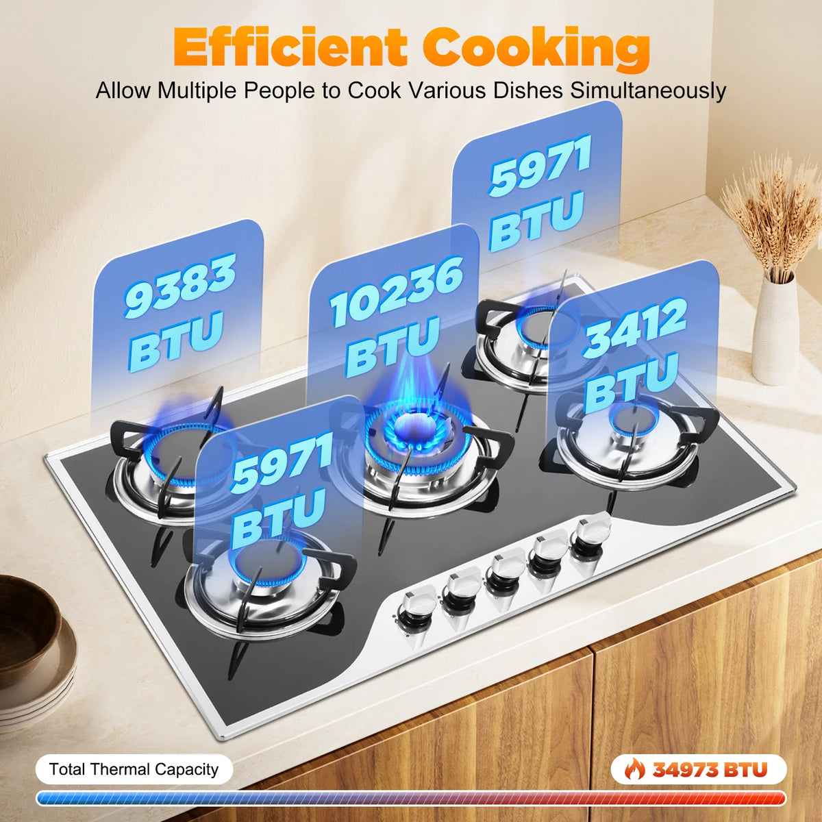 30.3" LPG/NG Gas COOKTOP Built-in 5Burner Stove Hob Cooktop Tempered Durable Quality Glass