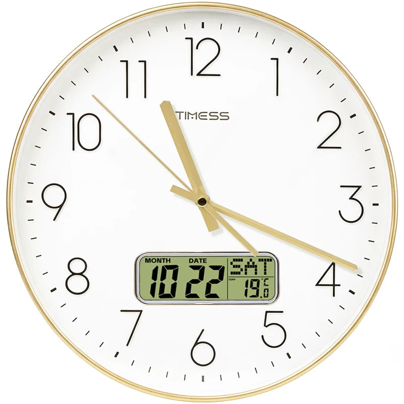 TIMESS 10/12/14 inch Silent Wall Clock with Date and Temperature Display, Battery Operated Modern Analog Clock for Kitchen, Office, Classroom and Home Decor