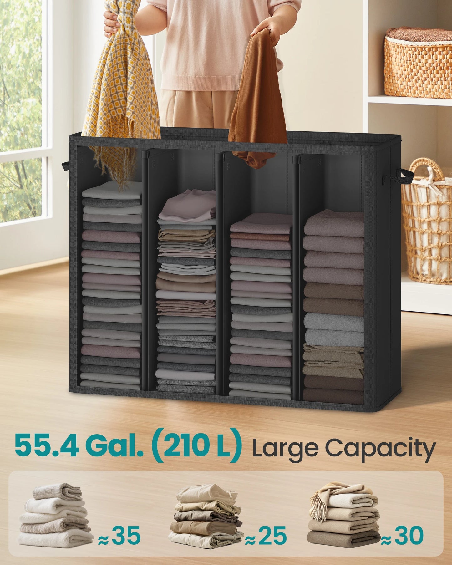 SONGMICS 55.4 Gallon (210 L) Laundry Hamper, 4-Compartment Laundry Basket Sorter with Lid, Labels, Removable Liner Bags, for Bed