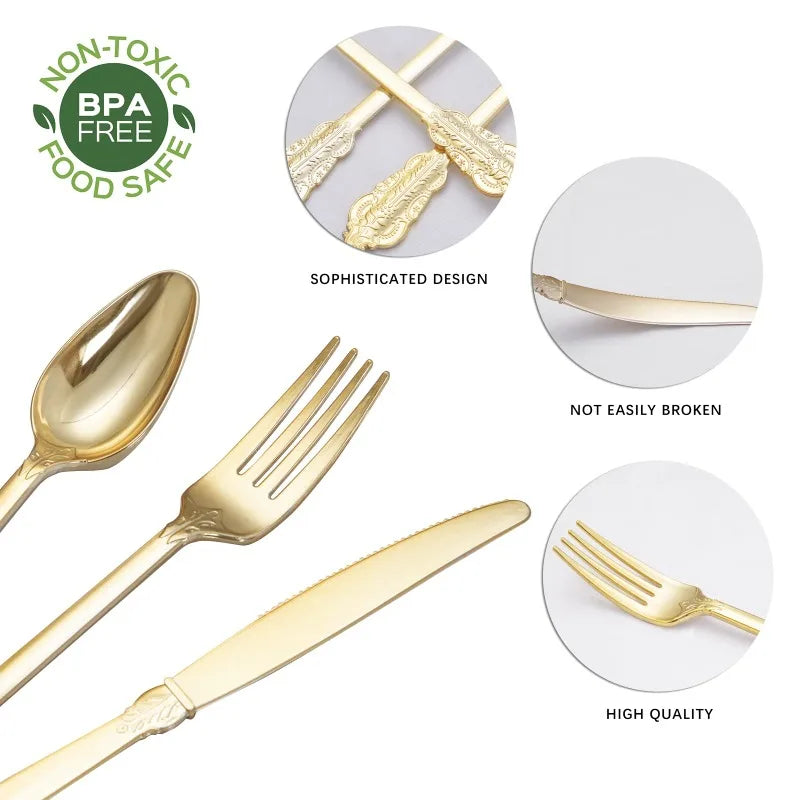 75 Pieces Gold Plastic Silverware- Party Flatware Set-Heavyweight Plastic Cutlery- Includes 25 Forks, 25 Spoons, 25 Knives
