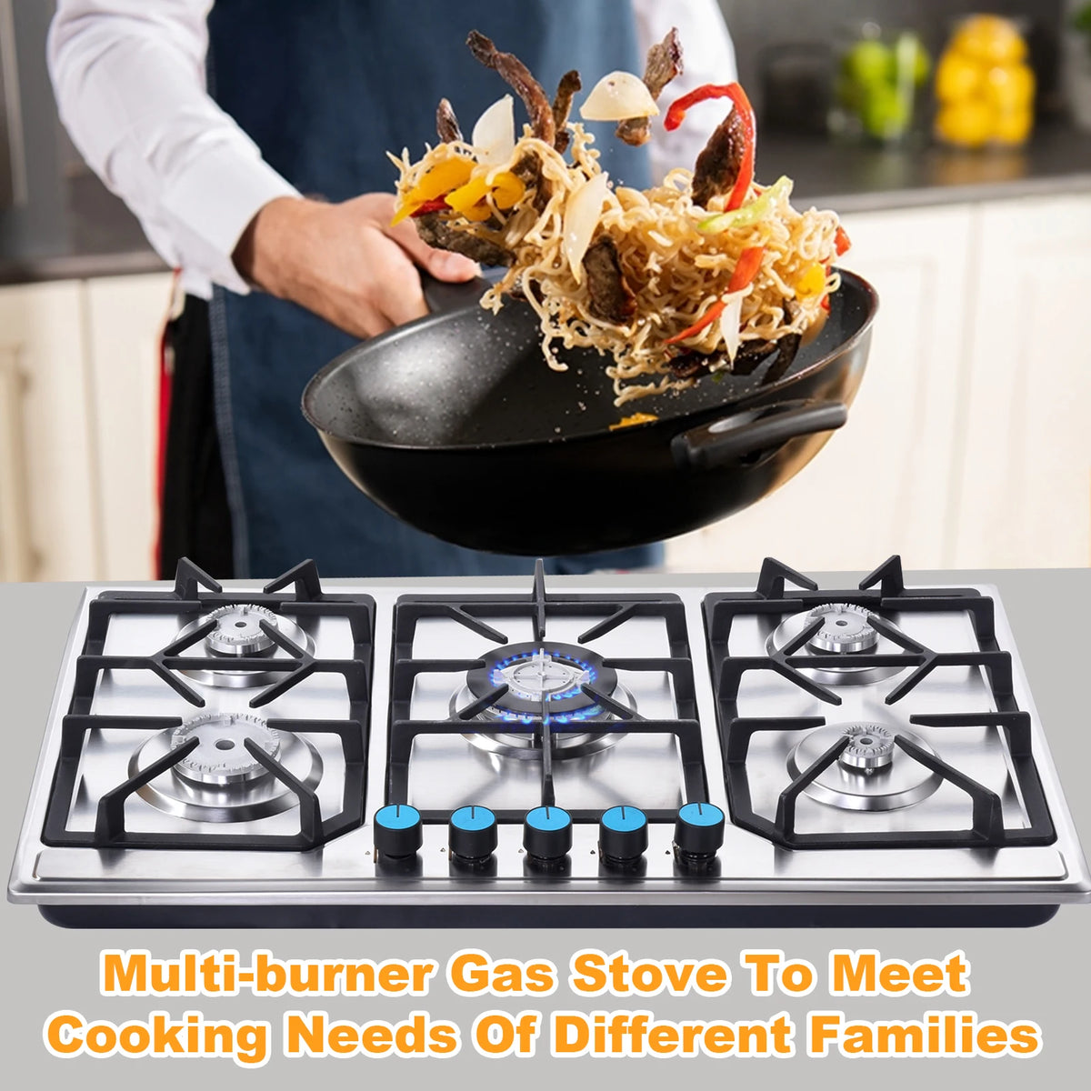 5 Burner Propane Gas Cooktop Indoor, Powerful Built-in Gas Stove Top with Auto Ignition, NG/LPG Convertible Dual Fuel, Portable Tabletop Counter Stove for Kitchen Cooking RV Outdoor and Emergency