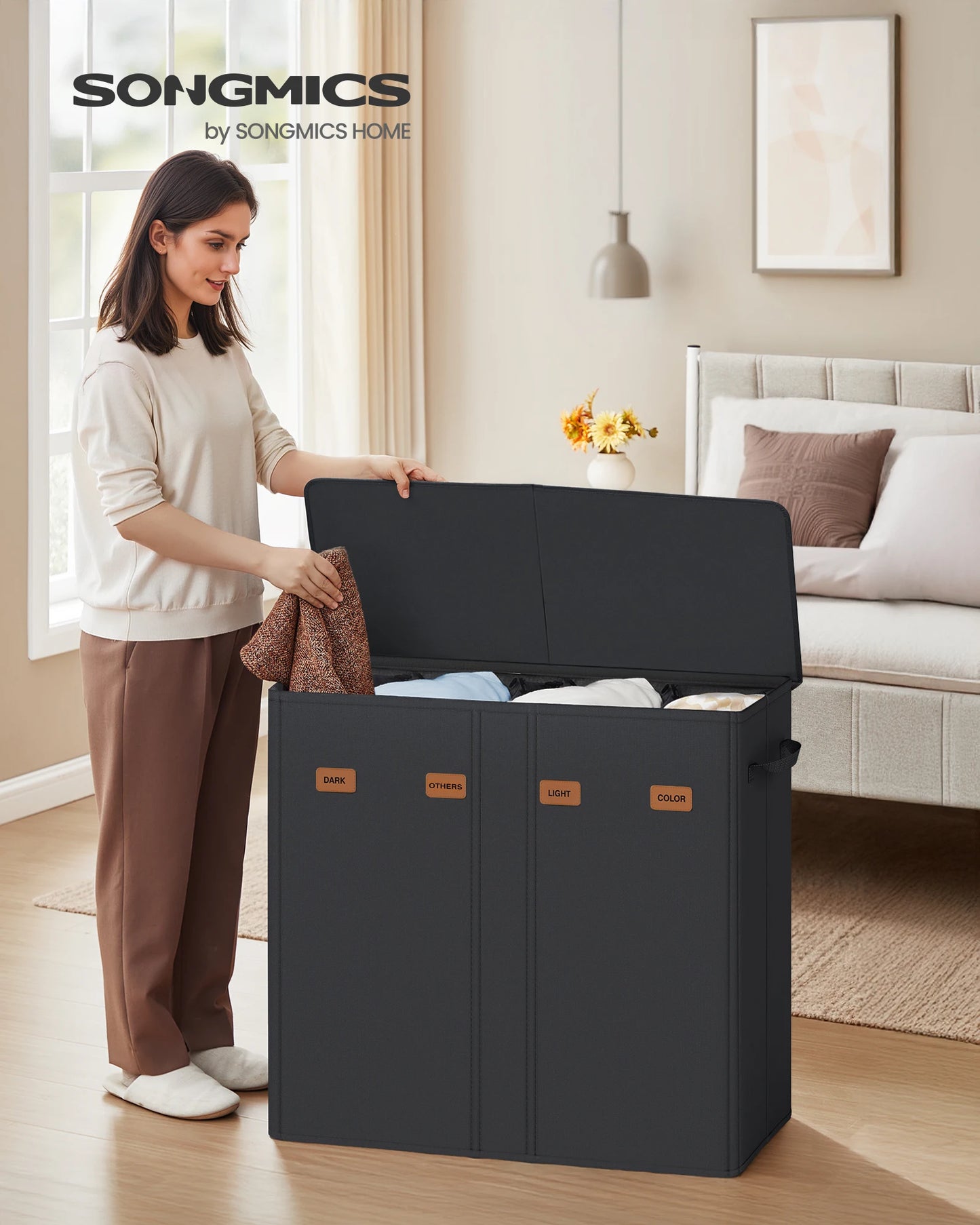 SONGMICS 55.4 Gallon (210 L) Laundry Hamper, 4-Compartment Laundry Basket Sorter with Lid, Labels, Removable Liner Bags, for Bed