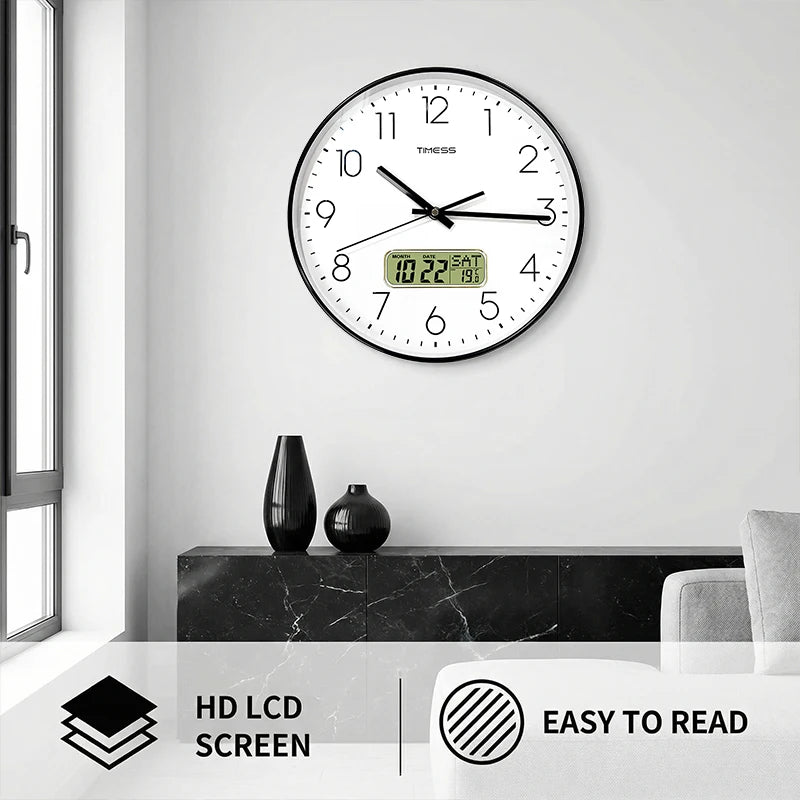 TIMESS 10/12/14 inch Silent Wall Clock with Date and Temperature Display, Battery Operated Modern Analog Clock for Kitchen, Office, Classroom and Home Decor