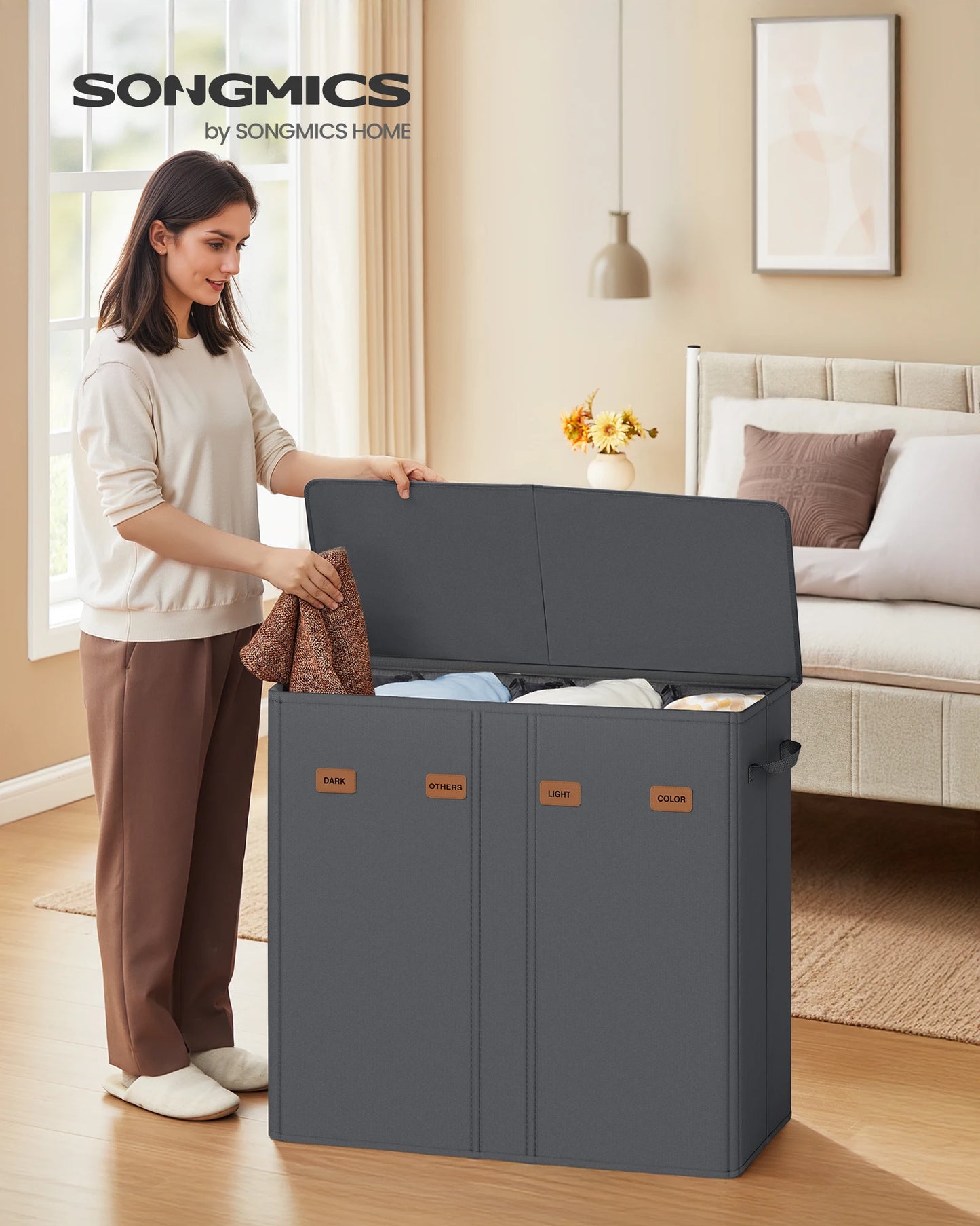 SONGMICS 55.4 Gallon (210 L) Laundry Hamper, 4-Compartment Laundry Basket Sorter with Lid, Labels, Removable Liner Bags, for Bed