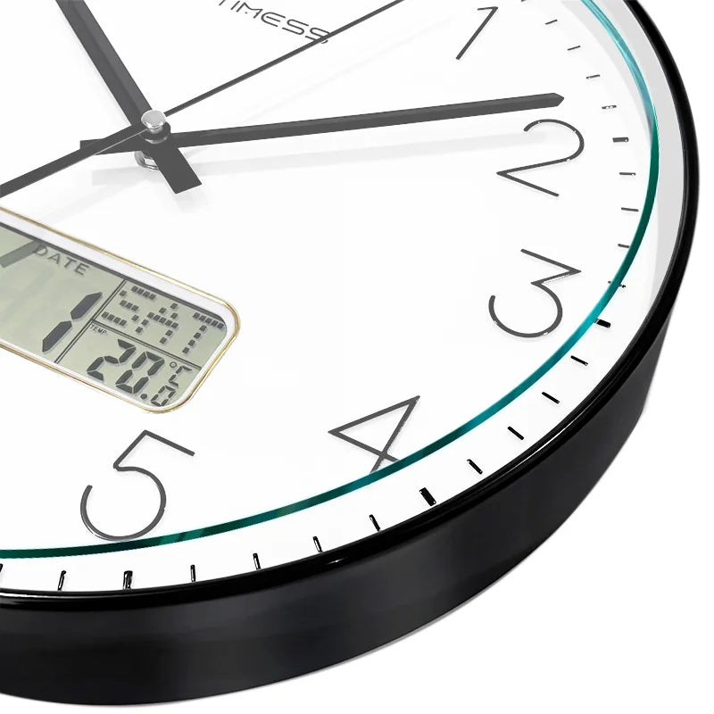 TIMESS 10/12/14 inch Silent Wall Clock with Date and Temperature Display, Battery Operated Modern Analog Clock for Kitchen, Office, Classroom and Home Decor