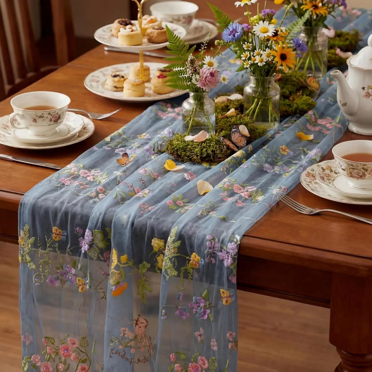 Embroidery Wildflower Tulle Spring Table Runner 10ft Summer Butterfly Kitchen Decoration for Wedding Baby Shower Birthday Party