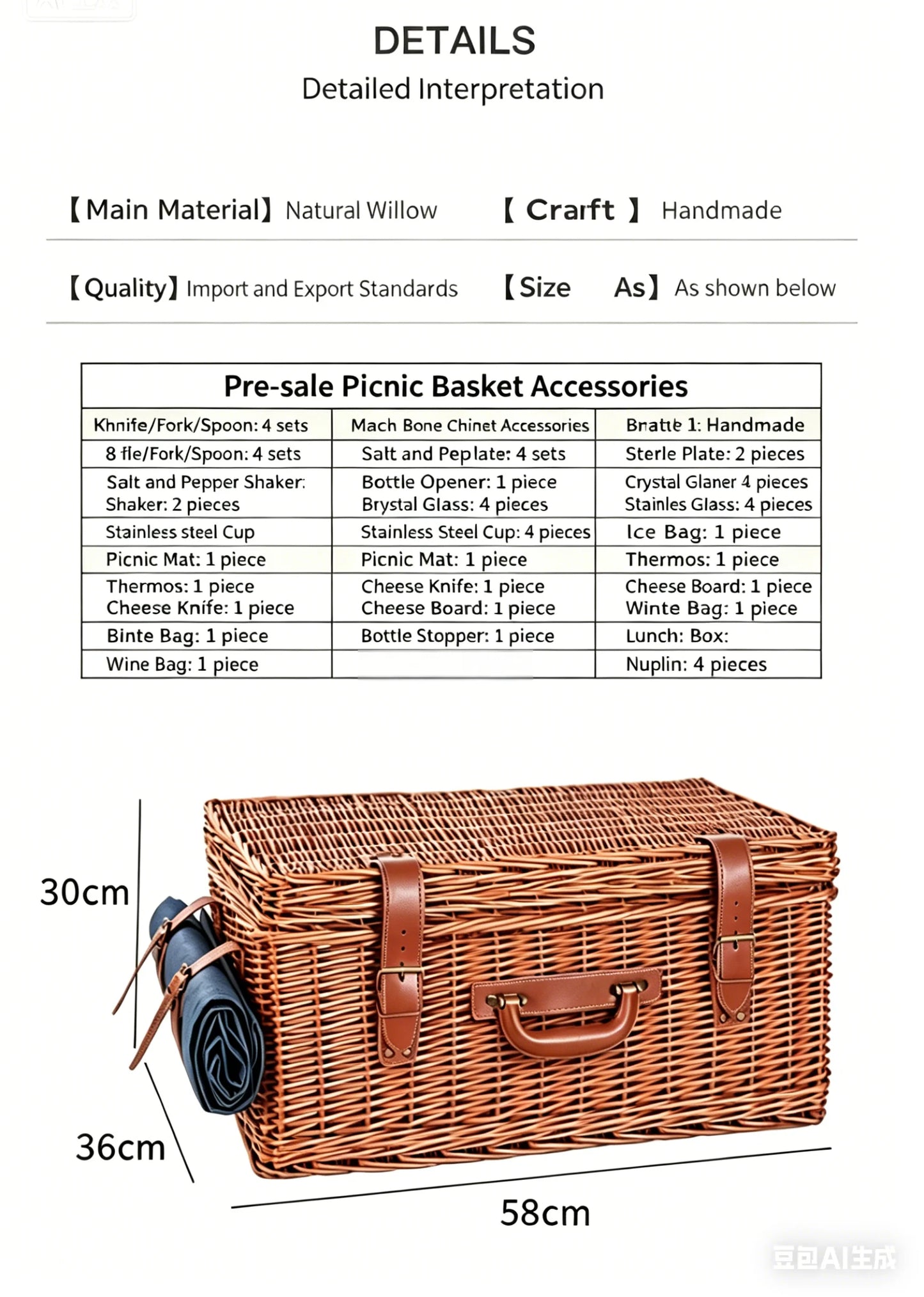 Willow Rattan Picnic Basket Outing and Leisure Camping Fruit and Vegetable Food Storage Basket Handmade Woven Basket